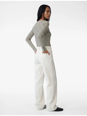 Koton Slim Fit Uzun Kollu Manşetleri Düğme Detaylı Bisiklet Yaka Çizgili Tişört