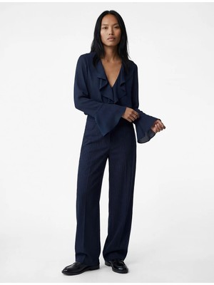 Koton Uzun Kollu V Yaka Fırfır Detaylı Şifon Bluz