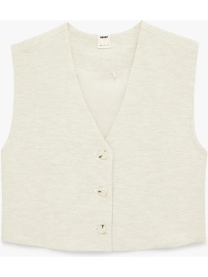 Koton Keten Karışımlı V Yaka Düğmeli Crop Yelek