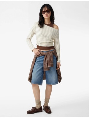 Koton Drapeli Uzun Kollu Asimetrik Yaka Çizgili Tişört