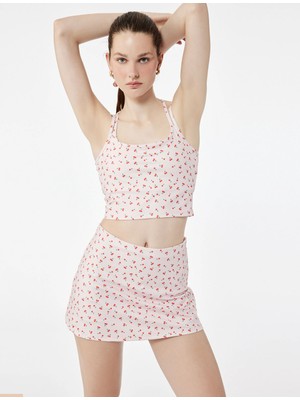 Koton Ip Askılı Kiraz Baskılı Sırt Detaylı Crop Sporcu Atleti