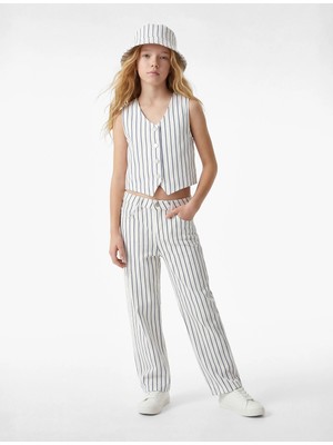 Koton Pamuklu Kolsuz V Yaka Çizgili Denim Yelek