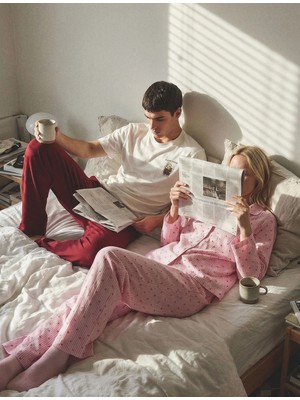 Koton Rahat Kalıp Kalp Desenli Bağcık Detaylı Dokuma Poplin Pijama Altı