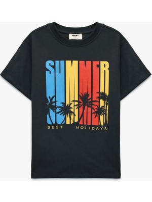 Koton Baskılı Kısa Kollu Bisiklet Yaka Pamuklu Tişört