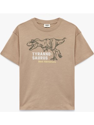 Koton Pamuklu Kısa Kollu Bisiklet Yaka Dinozor Baskılı Tişört