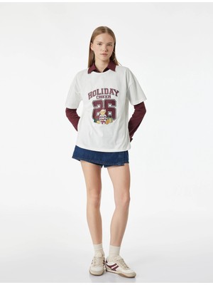 Koton Pamuklu Kısa Kollu Bisiklet Yaka Ayıcık Baskılı Oversize Pijama Üstü