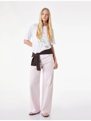 Koton Kısa Kollu Bisiklet Yaka Pamuklu Çiçek Baskılı Oversize Tişört