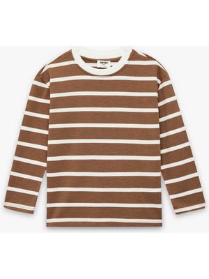 Koton Viskon Karışımlı Uzun Kollu Bisiklet Yaka Çizgili Tişört