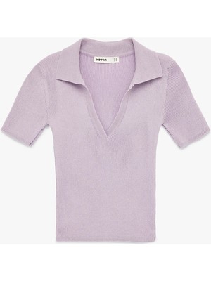Koton Slim Fit Kısa Kollu Parıltılı Polo V Yaka Triko Kazak
