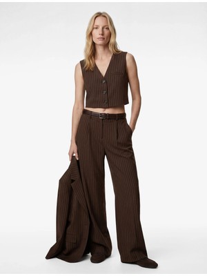 Koton Pileli Viskon Karışımlı Geniş Paça Çizgili Pantolon