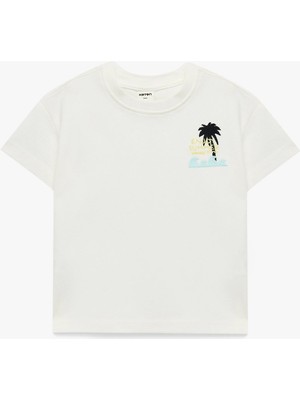 Koton Palmiyeli Nakışlı Kısa Kollu Bisiklet Yaka Pamuklu Oversize Tişört