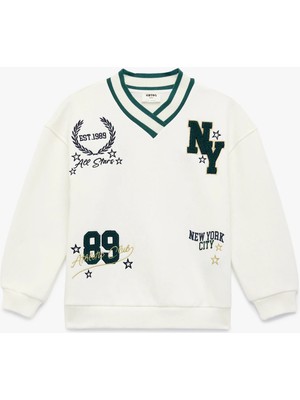 Koton Nakış Detaylı Uzun Kollu V Yaka Sweatshirt