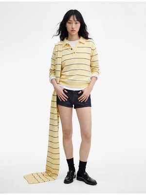 Koton Düğmeli Polo Yaka Uzun Kollu Çizgili Kazak