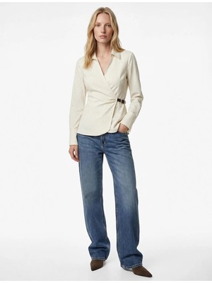 Koton Yarım Kemer Detaylı Uzun Kollu Kruvaze Çizgili Gömlek