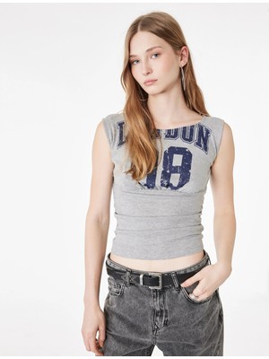 Koton Gri Pamuklu Baskılı Kolsuz Slim Fit Tişört Yanları Drapeli Konforlu Tasarım