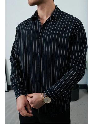 Erkek Çizgili Gömlek Uzun Kol Viskon Karışımlı Rahat Kalıp Yazlık