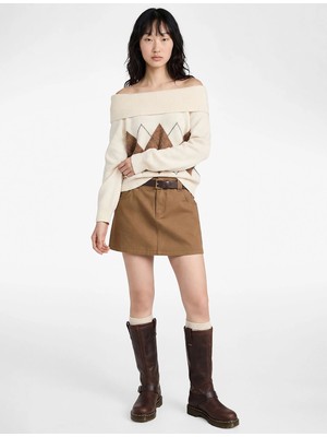 Koton Uzun Kollu Baklava Desenli Kayık Yaka Omzu Açık Triko Kazak