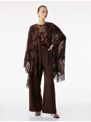 Koton Püsküllü Uzun Yarasa Kollu Floral Desenli Transparan Tül Panço