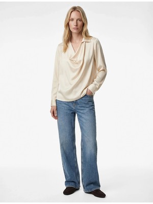 Koton Dökümlü Gömlek Yaka Uzun Kollu Saten Bluz