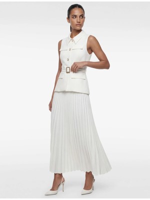 Koton Krep Kumaş Slim Fit Düğmeli Kemerli Midi Boy Pileli Kolsuz Ceket Elbise