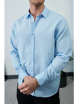 Erkek Çizgili Gömlek Uzun Kol Viskon Karışımlı Rahat Kalıp Yazlık