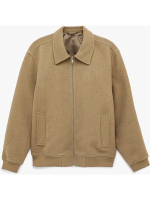 Koton Uzun Kollu Cepli Fermuarlı Gömlek Yaka Kışlık Kaşe Bomber Ceket