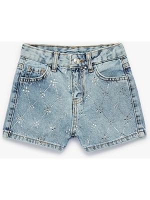 Koton Slim Fit Pamuklu Cepli Taş Detaylı Mini Denim Şort