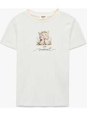 Koton Kedi Baskılı Bisiklet Yaka Kısa Kollu Tişört