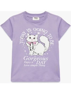 Koton Kedi Baskılı Kısa Kollu Bisiklet Yaka Pamuklu Tişört