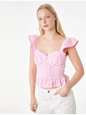 Koton Pamuklu Düğmeli Fırfırlı Volanlı Kalp Yaka Kolsuz Bluz