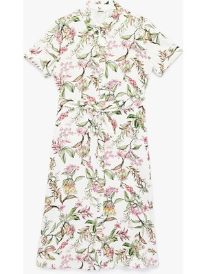 Koton Kısa Kollu Gömlek Yaka Cepli Viskon Çiçekli Gömlek Elbise