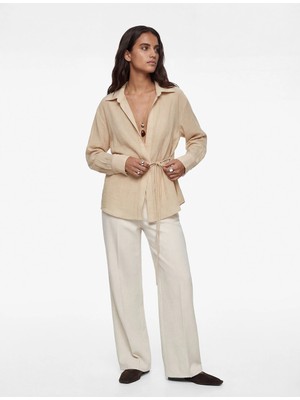 Koton Viskon Uzun Kollu Yandan Bağlama Detaylı Kruvaze Gömlek