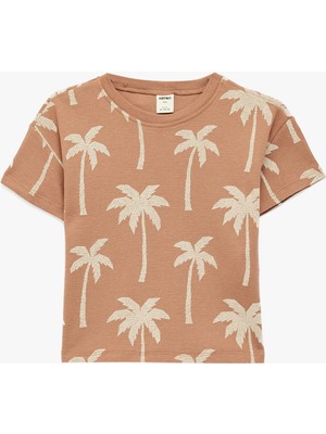 Koton Kısa Kollu Bisiklet Yaka Palmiye Baskılı Pamuklu Oversize Tişört