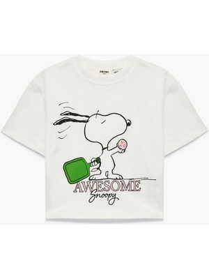 Koton Pamuklu Bisiklet Yaka Snoopy Baskılı Kısa Kollu Crop Tişört