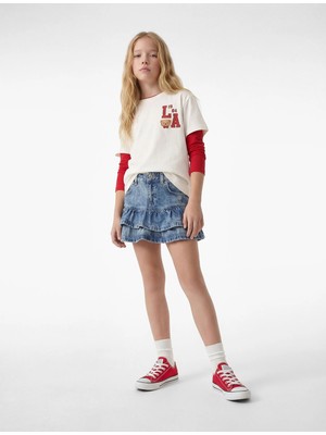 Koton Pamuklu Kat Kat Fırfır Detaylı Cepli Mini Denim Etek