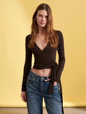 Dilvin 32645 Uzun Kollu Kruvaze Top-Koyu Kahve