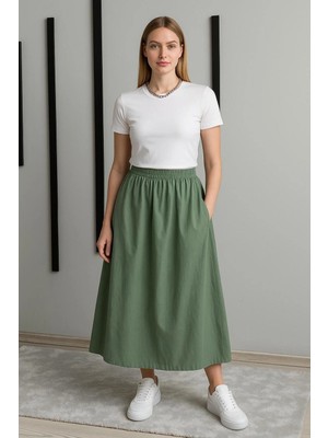 Rora Kadın Cepli Lastikli Kloş Poplin Uzun Etek