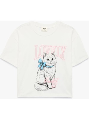Koton Bisiklet Yaka Kedi Nakışlı Kısa Kollu Pamuklu Tişört
