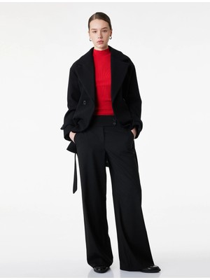 Koton Kemerli Kaşe Kaban Kruvaze Düğmeli Cepli Uzun Kollu