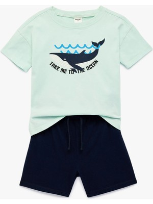 Koton Baskılı Kısa Kollu Bisiklet Yaka Pamuklu 2'li Tişört ve Şort Seti