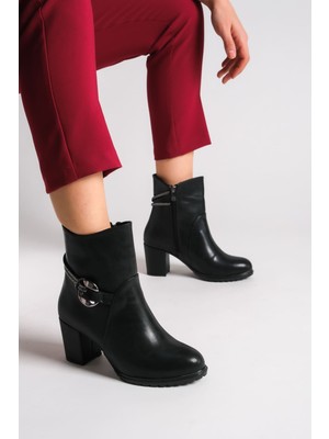 DMR Elegance Edna Fermuarlı Ortopedik Taban Taşlı Topuklu Kadın Bot Cst - Siyah