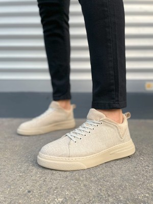 DMR Elegance JY204 Flex Bağcıklı Keten Kumaş Erkek Günlük Sneaker Ayakkabı Kkt - Krem