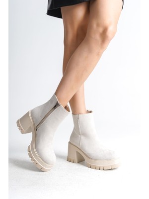 DMR Elegance Lısse Fermuarlı Ortopedik Taban Kalın Topuklu Süet Kadın Bot  Skt-  Krem