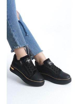 DMR Elegance Dına Bağcıklı Fermuarlı Ortopedik Taban Kadın Sneaker Spor Ayakkabı  Cst - Siyah/altın