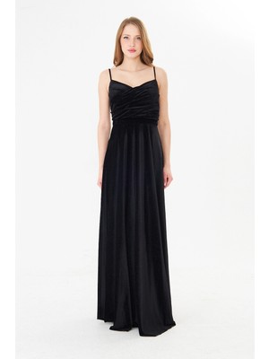 Rora Askılı Drapeli Uzun Abiye Elbise – Şık Gece Davet Düğün Elbisesi