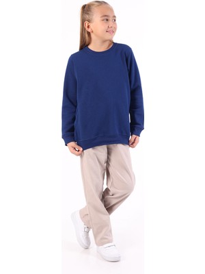 Rekor Moda Kız Çocuk Sweatshirt Bisiklet Yaka 3iplik Şardonlu Basic Okul ve Günlük 5-14 Yaş Lacivert