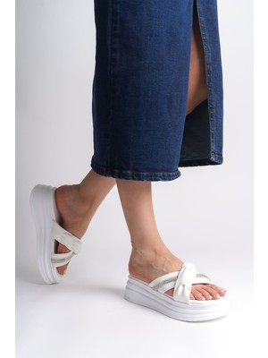 DMR Elegance Clara Düz Topuklu Kurdele Desenli Taşlı Kalın ve Ortopedik Taban Kadın Terlik  Cbt - Beyaz