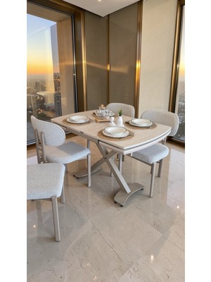 Fursimo Tera Serisi Açılır Yemek Masası Takımı 80X120 cm (180 cm Açılır) TRAVERTEN DESEN – CAPPUCCİNO Metal Ayak 4 Sandalyeli