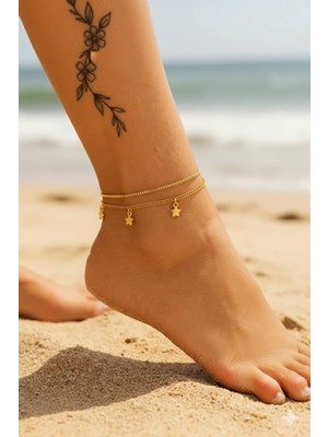 Lia Charm Yıldız Detaylı Çift Zincir Kadın Halhal -Minimal ve Zarif Plaj Bileklik Modeli