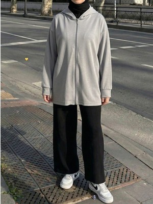 Foremia Kapşon Detay Fermuarlı Hırka-Gri -